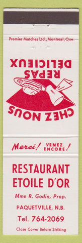 Matchbook Cover - Restaurant Etoile D'Or Paquetville NB
