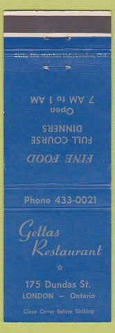 Matchbook Cover - Gettas Restaurant London ON