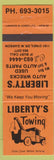 Matchbook Cover - Liberty's Towing Wrecker Garson MB?