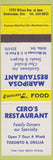 Matchbook Cover - Cero's Restaurant Toronto Orillia Downsview ON
