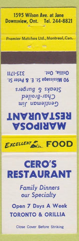 Matchbook Cover - Cero's Restaurant Toronto Orillia Downsview ON