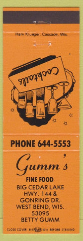 Matchbook Cover - Gumm's Restaurant West Bend WI