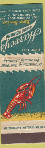 Matchbook Cover - Harvey's Restaurant seafood lobster Washington dC