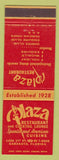 Matchbook Cover - Plaza Restaurant Spanish Food Sarasota FL