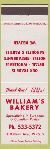 Matchbook Cover - William's Bakery Winnipeg MB