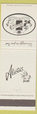 Matchbook Cover - Aliota's Restaurant Brookfield WI