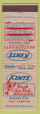 Matchbook Cover - Kents Restaurants Atlantic City NJ lobster