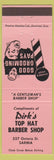 Matchbook Cover - Dirk's Top Hat Barber Shop Sarnia ON