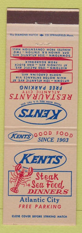 Matchbook Cover - Kents Steak Seafood Atlantic City NJ lobster