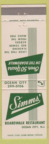 Matchbook Cover - Simms' Boardwalk Restaurant Ocean City NJ white
