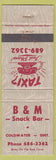 Matchbook Cover - B and M Snack Bar Coldwater ON Taxi