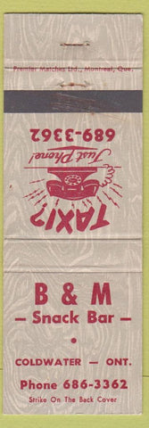 Matchbook Cover - B and M Snack Bar Coldwater ON Taxi