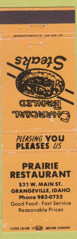 Matchbook Cover - Prairie Restaurant Grangeville ID