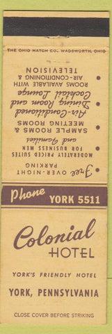 Matchbook Cover - Colonial Hotel York PA