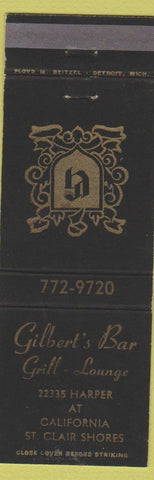 Matchbook Cover - Gilbert's Bar Grill St Clair Shores MI