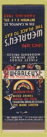 Matchbook Cover - Wearley's Restaurant Washington DC lobster feature