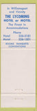 Matchbook Cover - Motel Lycoming Williamsport PA