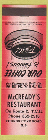 Matchbook Cover - McCready's rEstaurant Youngs Cove Road NB