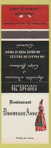 Matchbook Cover - Restaurant Duchesse Anne Montreal QC girlie