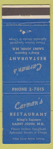 Matchbook Cover - Carman's Restaurant Saint John NB Italian