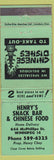 Matchbook Cover - Henry's Snack Bar Chinese Winnipeg MB WORN