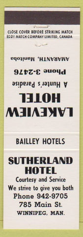 Matchbook Cover - Sutherland Hotel Winnipeg MB Lakeview Amaranth