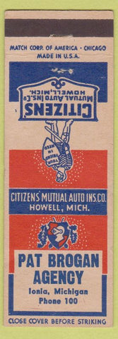 Matchbook Cover - Citizens Auto Insurance Howell MI Pat Brogan Ionia MI