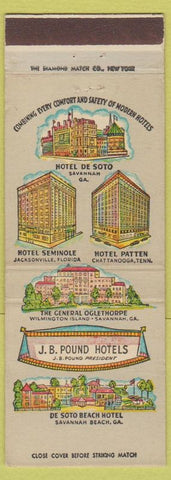 Matchbook Cover - JB Pound Hotels Savannah Beach GA Chattanooga Jacksonville