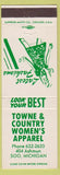 Matchbook Cover - Towne and Country Women's Clothes Soo Township MI girlie