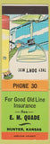 Matchbook Cover - EM Quade Insurance Hunter KS low phone #