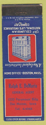 Matchbook Cover - Columbian Insurance Company Ralph DeMaris Des Moines IA
