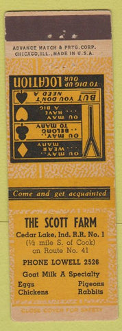 Matchbook Cover - Scott Farm Cedar Lake IN Eggs Goat Milk Pigeons Advance