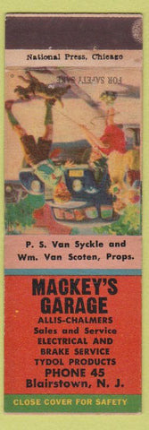 Matchbook Cover - Mackey's Garage Blairstown NJ Allis Chalmers Tydol oil gas