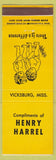 Matchbook Cover - Henry Harrell Vicksburg MS