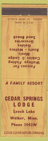 Matchbook Cover - Cedar Springs Lodge Leech Lake Walker MN Walleye fishing