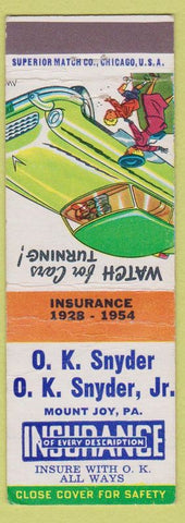 Matchbook Cover - OK Snyder Insurance Mount Joy PA