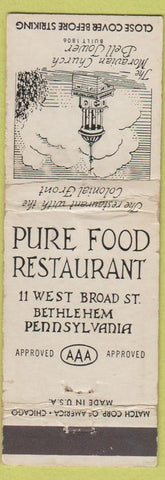 Matchbook Cover - Pure Food Restaurant Bethlehem PA WORN