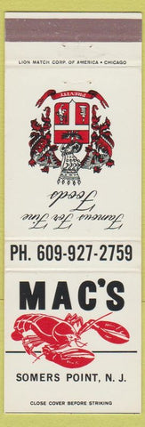 Matchbook Cover - Mac's Restaurant Lobster Somers Point NJ