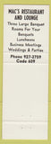 Matchbook Cover - Mac's Restaurant Lobster Somers Point NJ