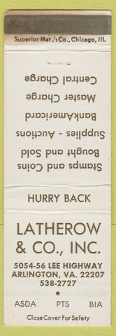 Matchbook Cover - Latherow Stamps Coins Arlington VA WEAR