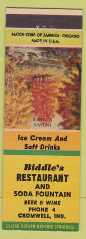 Matchbook Cover - Biddle's Restaurant Cromwell IN low phone #