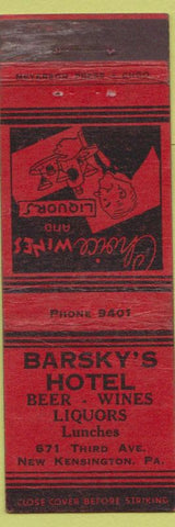 Matchbook Cover - Barsky's Hotel New Kensington PA