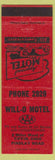 Matchbook Cover - Will O Motel Tiffin OH