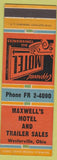 Matchbook Cover - Maxwell's Motel Trailer Sales Westerville OH