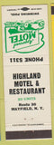 Matchbook Cover - Highland Motel Restaurant Mayfield NY