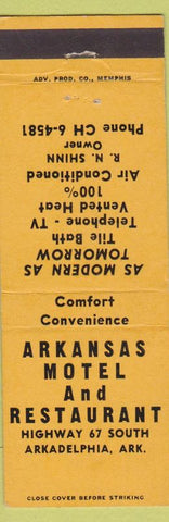 Matchbook Cover - Arkansas Motel Restaurant Arkadelphia AR yellow