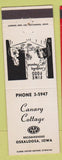Matchbook Cover - Canary Cottage Oskaloosa IA