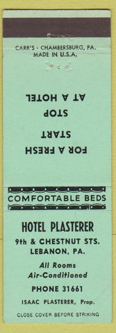 Matchbook Cover - Hotel Plasterer Lebanon PA light green