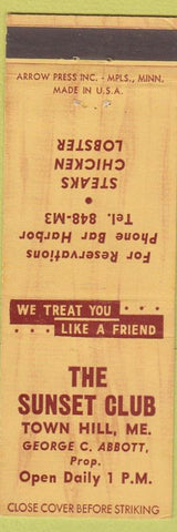 Matchbook Cover - Sunset Club Town Hill ME George Abbott restaurant
