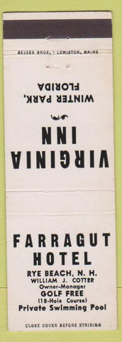Matchbook Cover - Farragut Hotel Rye Beach NH Virginia Inn Winter Park FL